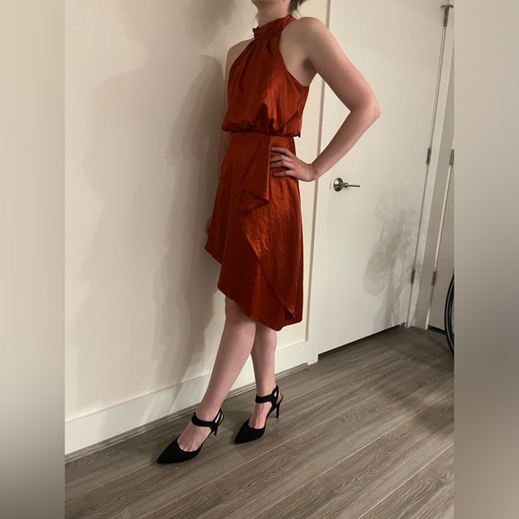 Red Satin Two Sisters Halter Neck Midi Ruffle Dress - Picture 2 of 5